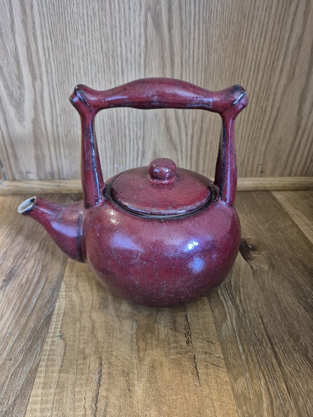 Vintage Primitive Red Salt Teapot with Square Handle